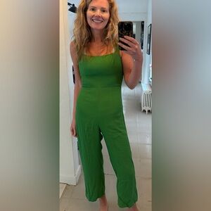 Reformation Alva Green Straight Neck Wide Leg Jumpsuit Size 2 Smocked Back EUC